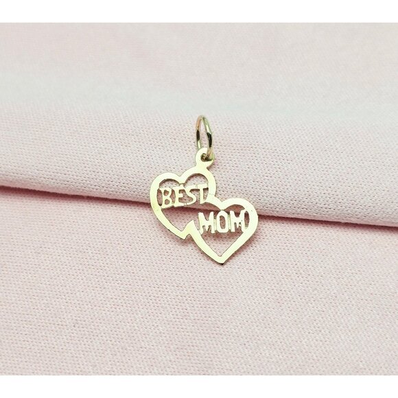 Unique 14K Karat Solid Yellow Gold Initial Best Mom Double Heart Charm Pendant - Picture 1 of 13